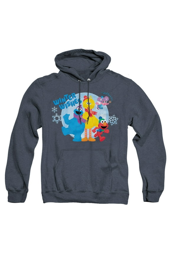Winter Wishes Elmo, Cookie Monster, Big Bird Unisex Adult Pull-Over Heather Hoodie, Navy Heather, 3X-Large