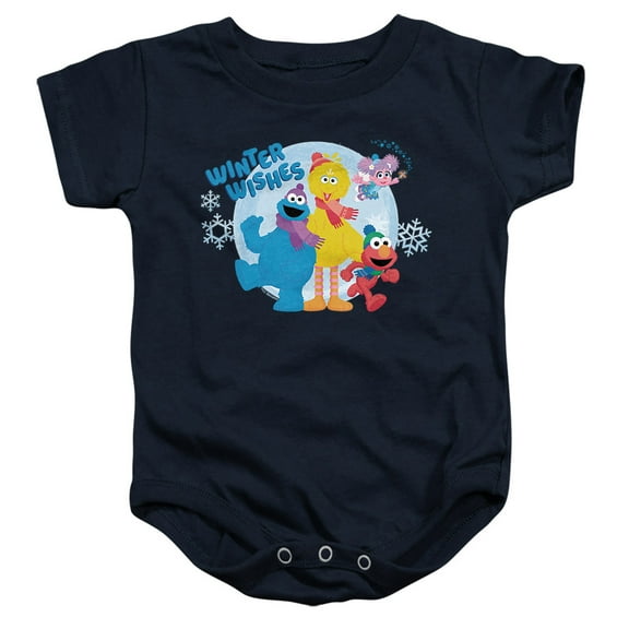 Sesame Street Winter Wishes Elmo, Cookie Monster, Big Bird Unisex Infant Snap Suit for Baby, Navy, Small