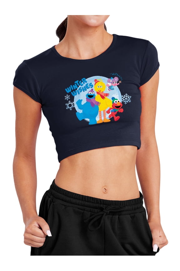 Winter Wishes Elmo, Cookie Monster, Big Bird Women's Cap Sleeve Baby Rib Crop Top, Navy, X-Large
