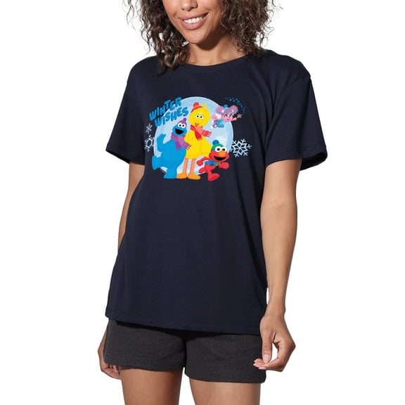 Sesame Street Winter Wishes Elmo, Cookie Monster, Big Bird Women's Loose T-Shirt, Navy, X-Large