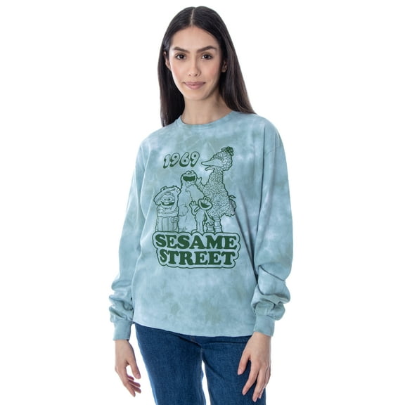 Sesame Street Women's 1969 Character Group Tie-Dye Skimmer Raw Edge Long Sleeve T-Shirt