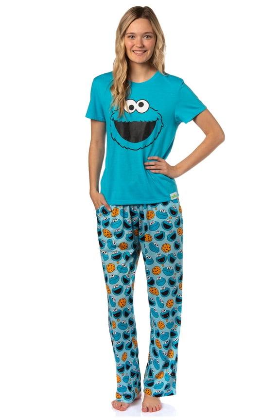 Sesame Street Women's Big Face Character Tossed AOP Sleep 2PC Pajama Pant Set Loungewear Sleepwear - Cookie Monster Elmo