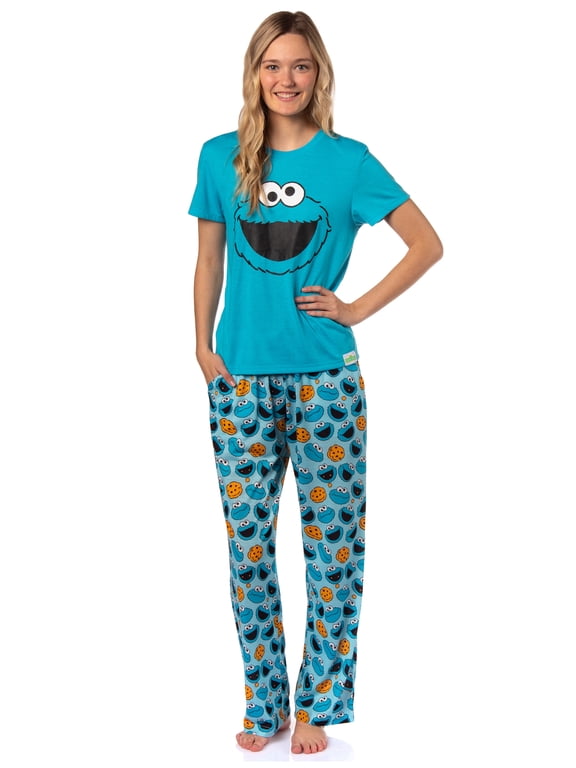 Sesame Street Women's Big Face Character Tossed AOP Sleep 2PC Pajama Pant Set Loungewear Sleepwear - Cookie Monster Elmo