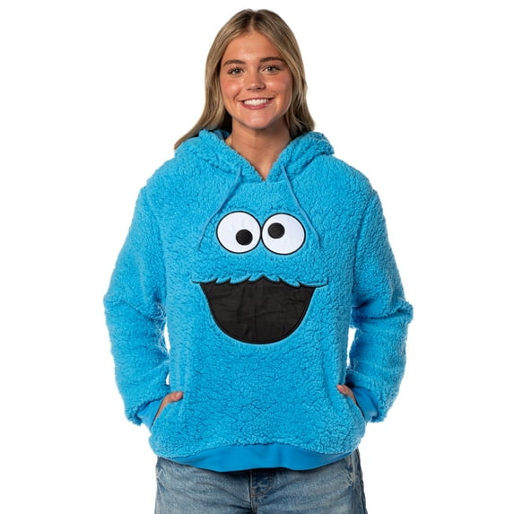Sesame Street Women's Cookie Monster Embroidered Face Plush Fleece Long Sleeve Adult Costume Pullover Hoodie