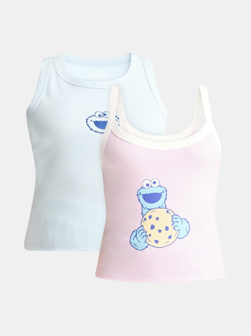 【※kira】　タンクトップBKXL(BUU)　WHXL(COOKIE) Sesame Street Women's Cookie Monster Graphic Tank Top, 2