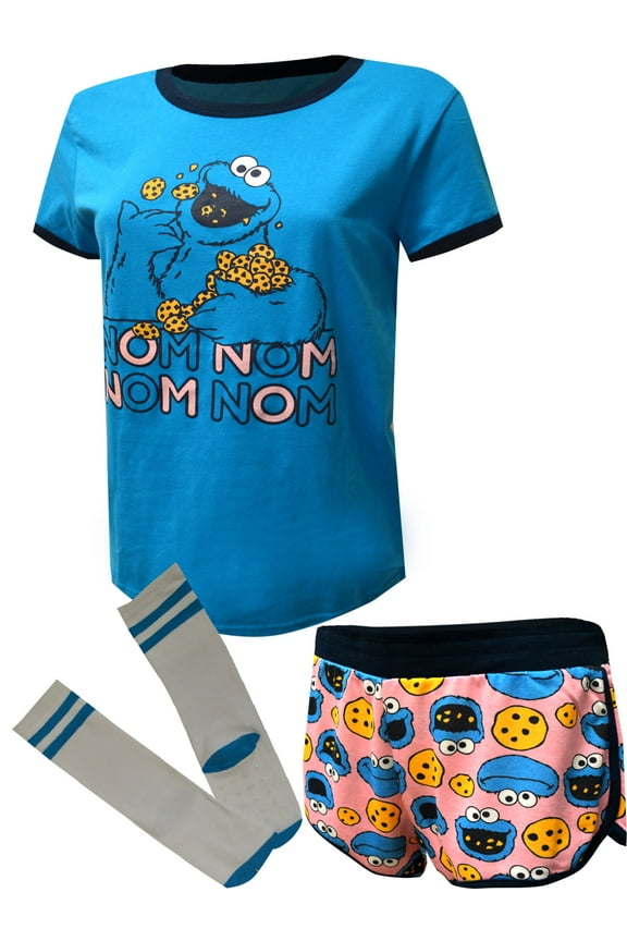 Sesame Street Women's Cookie Monster NOM NOM 3 Piece Loungewear Pajama Set (LG)