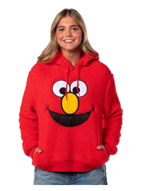 Sesame Street Women's Elmo Embroidered Patch Big Face Plush Fleece Long Sleeve Adult Costume Pullover Hoodie