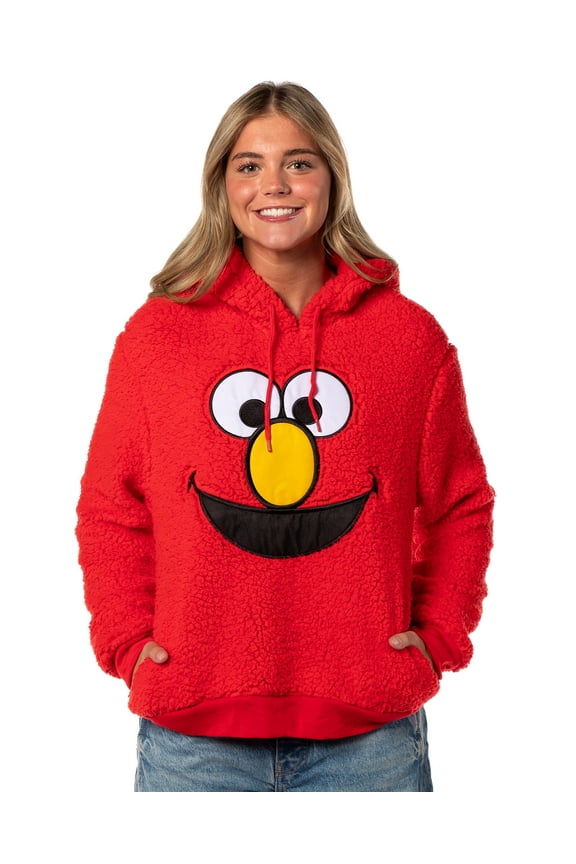 Sesame Street Women's Elmo Embroidered Patch Big Face Plush Fleece Long Sleeve Adult Costume Pullover Hoodie