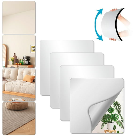 Sesiiduo 4 Pack Wall Mirror Full Length, 12 x 12 Inch Acrylic Mirror Tiles, Shatterproof Flexible Plastic Mirror Sheets for Bedroom Home Gym Door