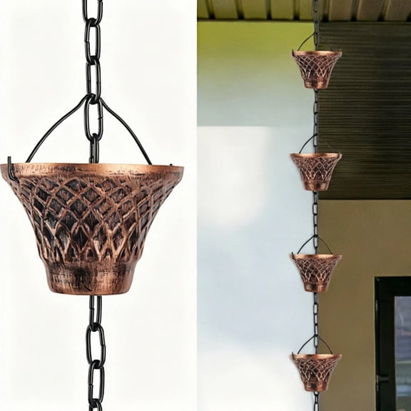 Sesiiduo 8.5ft Decorative Rain Chain for Gutters, Copper Plated Metal Rain Chains for Outside Garden, Replacement Downspout Rain Catcher with Hanging Hook, Rustic Outdoor Decor for Porch & Yard