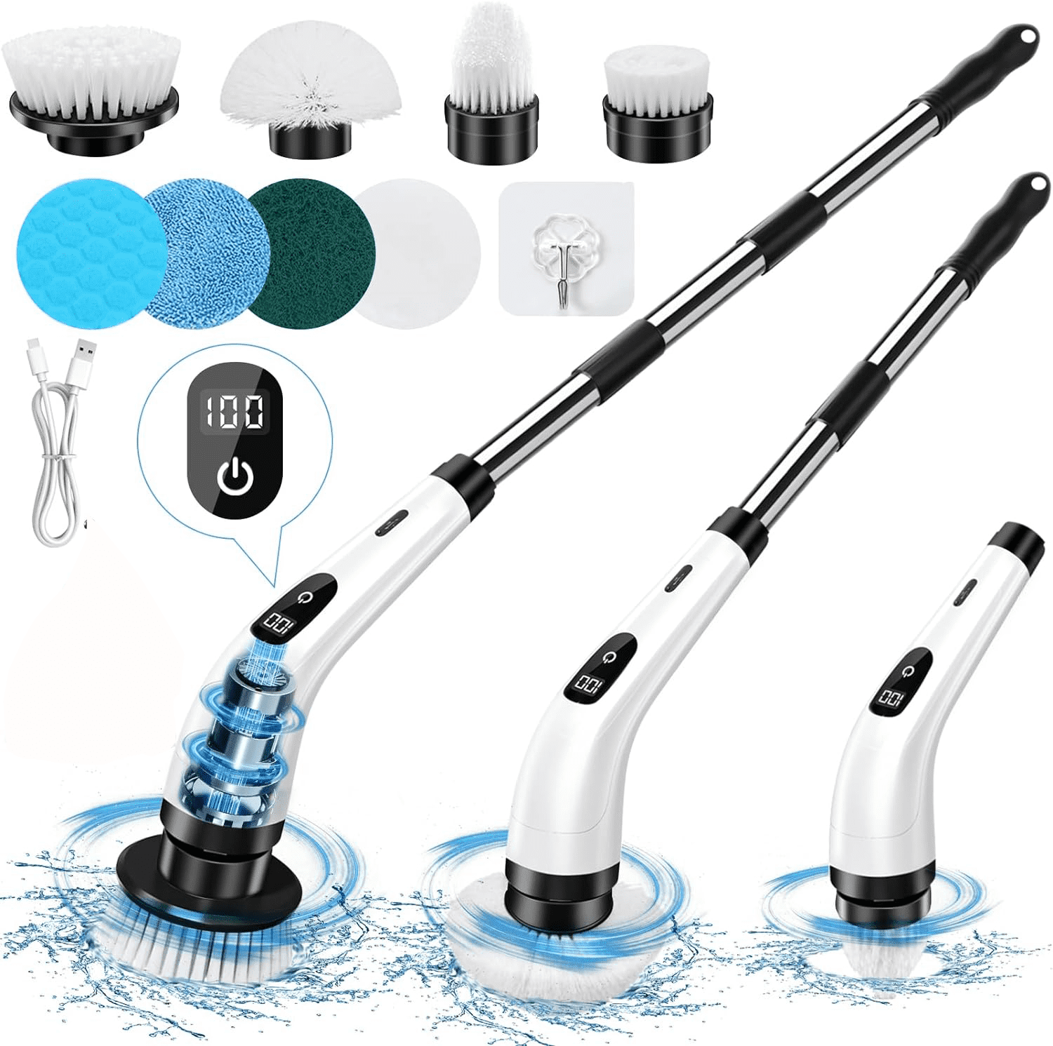 Sesiiduo Shower Cleaner, Electric Spin Scrubber, 8 Replaceable Cleaning Brush Heads, Adjustable Extension Arm for Hard-to-Reach Areas, White