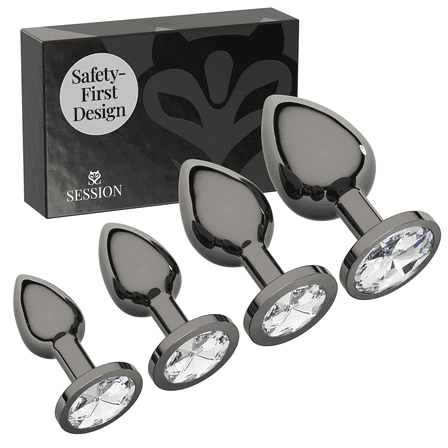 Session Butt Plugs, 4-Piece Training Set, Anal Plug Toys, Stainless Steel Jewel Charm, Gunmetal & Clear, Circle Shape