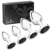 Session Butt Plugs, 4-Piece Training Set, Anal Plug Toys, Stainless Steel Jewel Charm, Silver & Black, Circle Shape