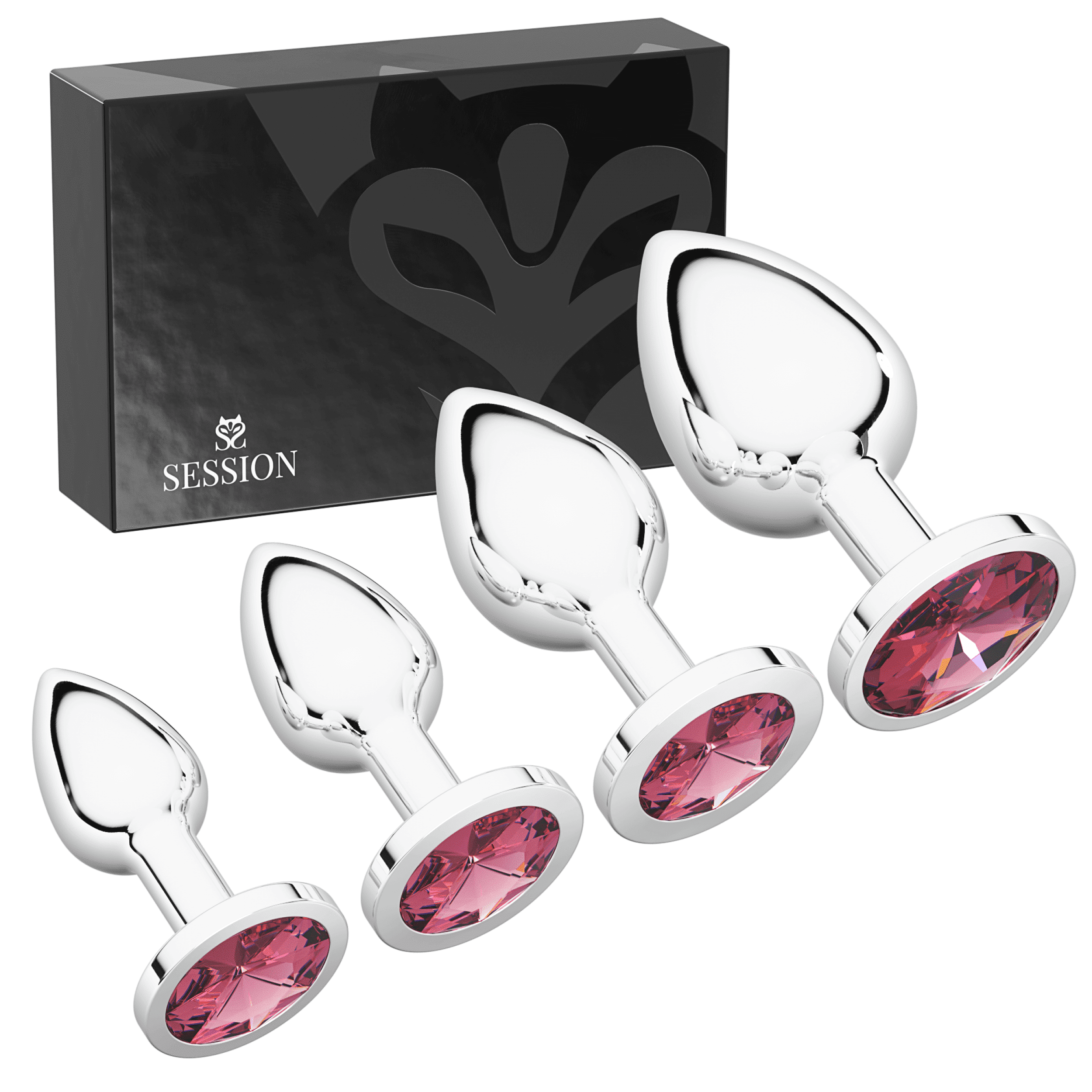 Session Butt Plugs, 4-Piece Training Set, Anal Plug Toys, Stainless Steel  Jewel Charm, Silver & Pink, Heart Shape