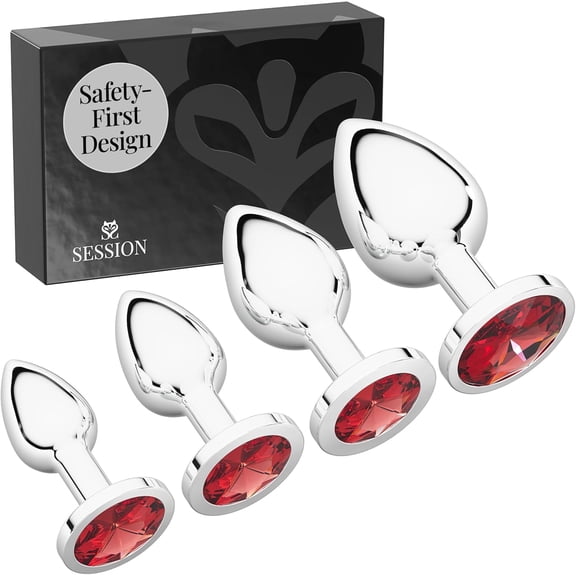 Session Butt Plugs, 4-Piece Training Set, Anal Plug Toys, Stainless Steel Jewel Charm, Silver & Red, Circle Shape