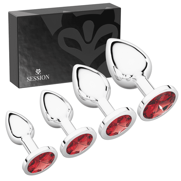 Session Butt Plugs, 4-Piece Training Set, Anal Plug Toys, Stainless Steel Jewel Charm, Silver & Red, Circle Shape