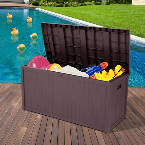 Sesslife 113 Gallon Deck Box, Organization and Storage Box for Patio Furniture Outdoor Cushions, Throw Pillows, Garden Tools and Pool Toys, Brown