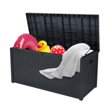 Sesslife 113 Gallon Deck Box, Outdoor Lockable Plastic Storage Box with Lid, Patio All-Weather Storage Container for Furniture Cushions, Gardening Tools, Pool Accessories, Black
