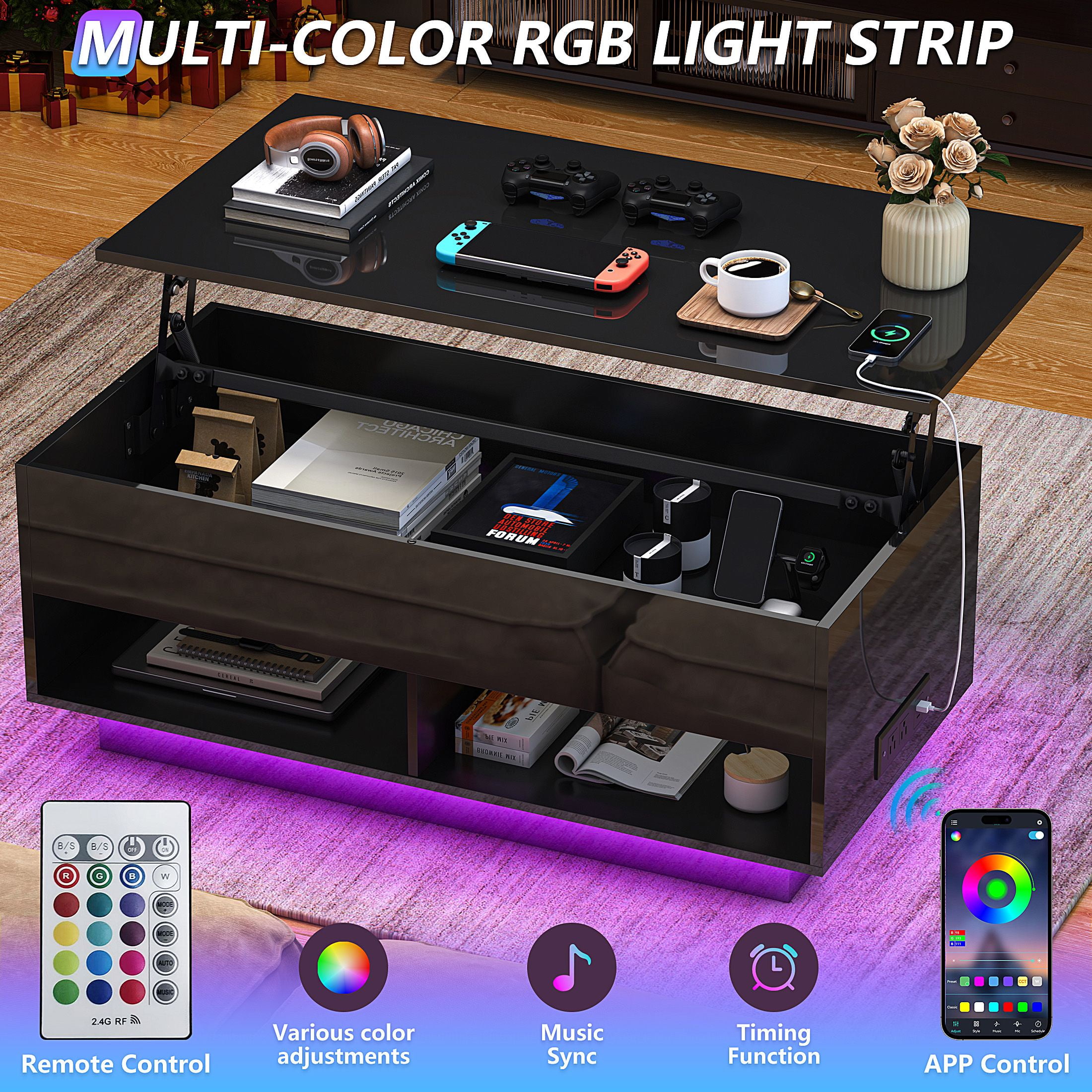 Sesslife 41" LED Coffee Table with 4 Storage Drawers, High Gloss White Rectangular Center Table for Living Room Bedroom, Modern Coffee Tables with Large Storage Space, App/Remote Control