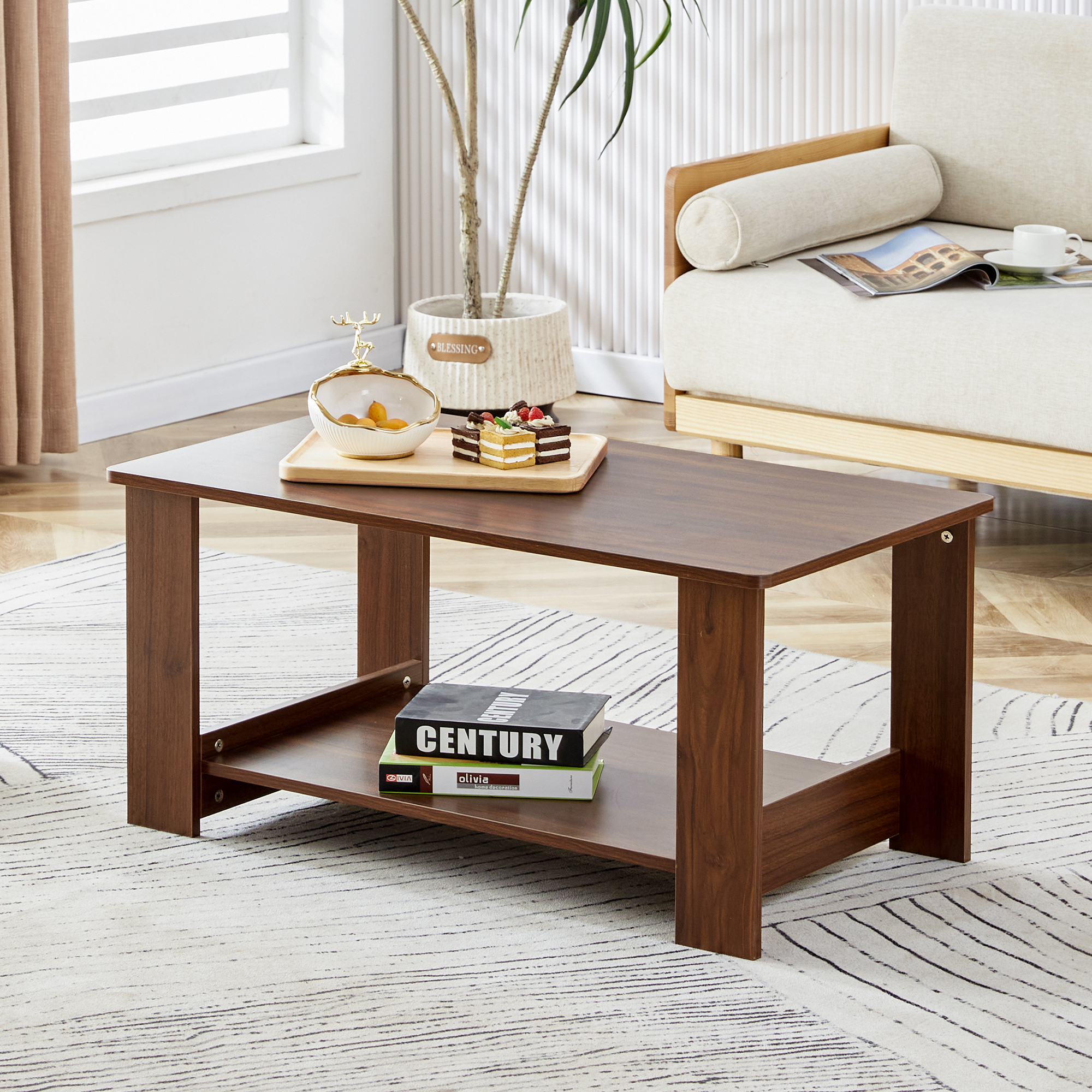 2 Tier Coffee Table With Storage - Light Walnut Finish, 31.5"x15.4"x18.9", Space Saving Living Room Table