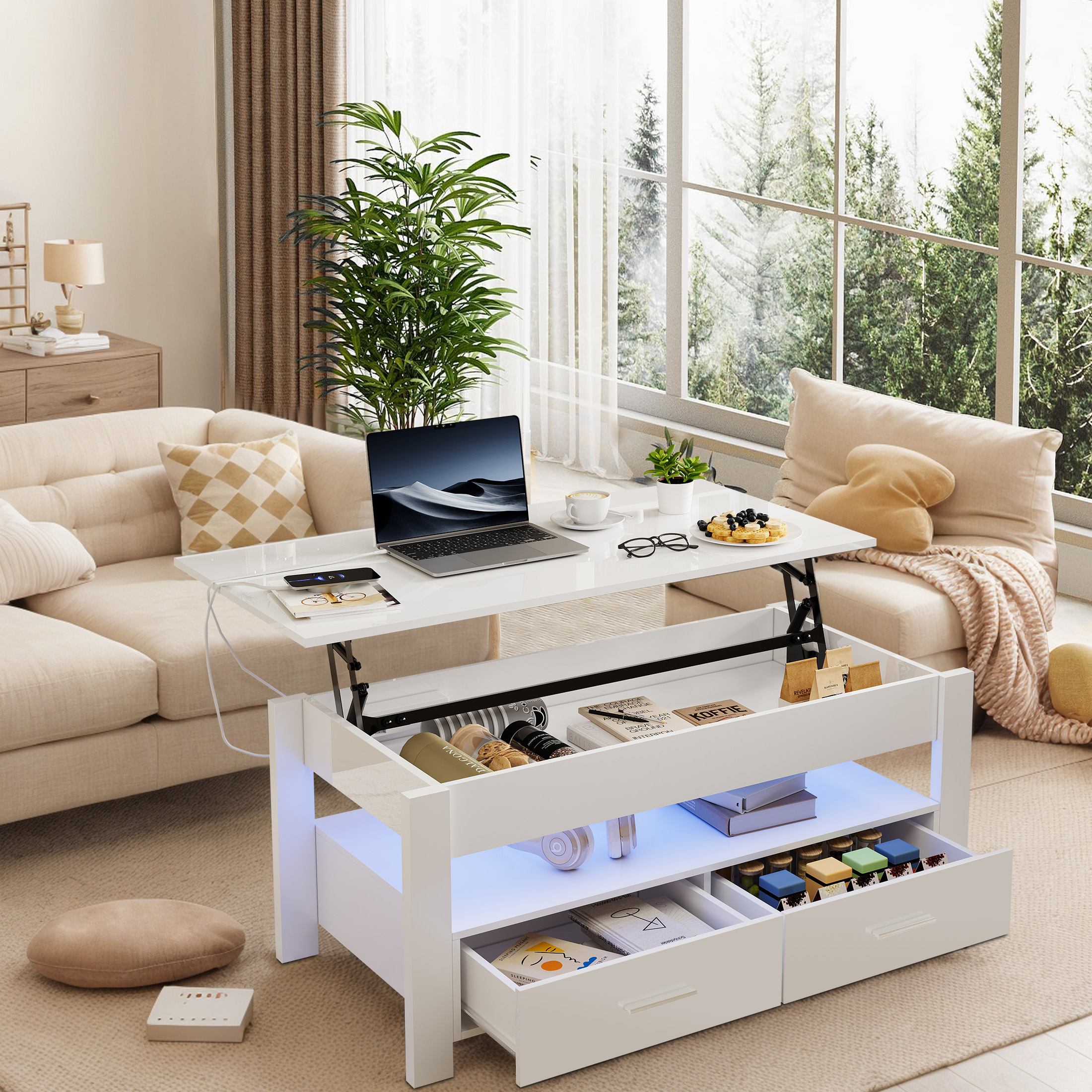 Sesslife Large White LED Coffee Table with 2 Storage Drawers, Charging Station, Modern High Gloss Coffee Table w/LED Lights/APP Control, 2 Tiers Rectangle Living Room Furniture w/Marbling Print 47.2"