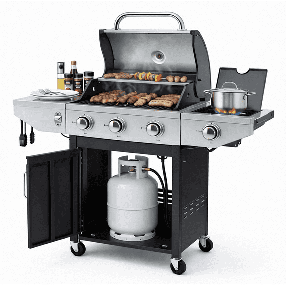 Sesslife 3-Burner BBQ Propane Gas Grill, Stainless Steel 37,000 BTU Patio Garden Barbecue Grill with Side Burner,Shelves,Gas Tank Hook, Perfect for Camping Outdoor Cooking & Parties