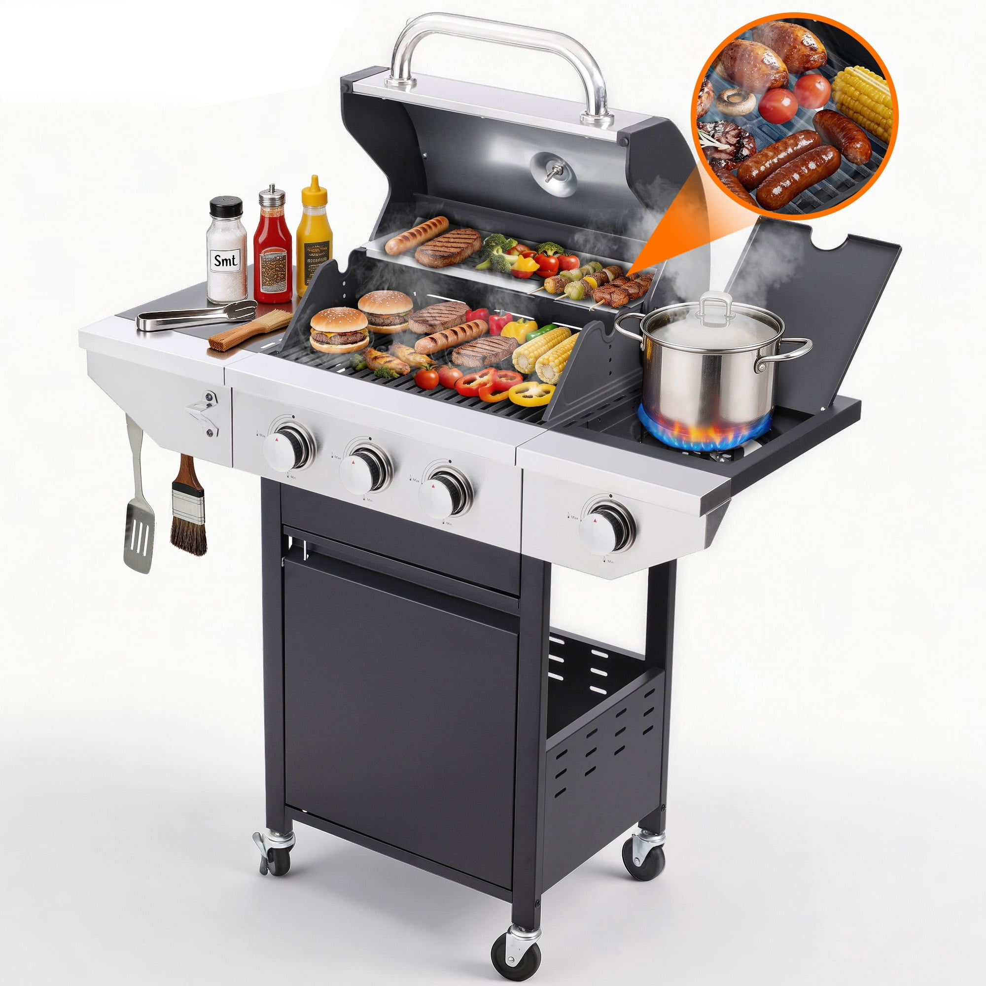 Sesslife 3-Burner Propane Gas Grill, Portable BBQ Grill with Side Burner, 37,000 BTU, Outdoor Grill for Patio, Garden, Camping & Party Cooking