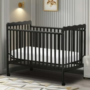 Sesslife 3-In-1 Convertible Crib, Black Baby Bed with Locking Wheels, Converts from Baby Crib to Toddler Bed, Fits Standard Full-Size Crib MattressNot Included