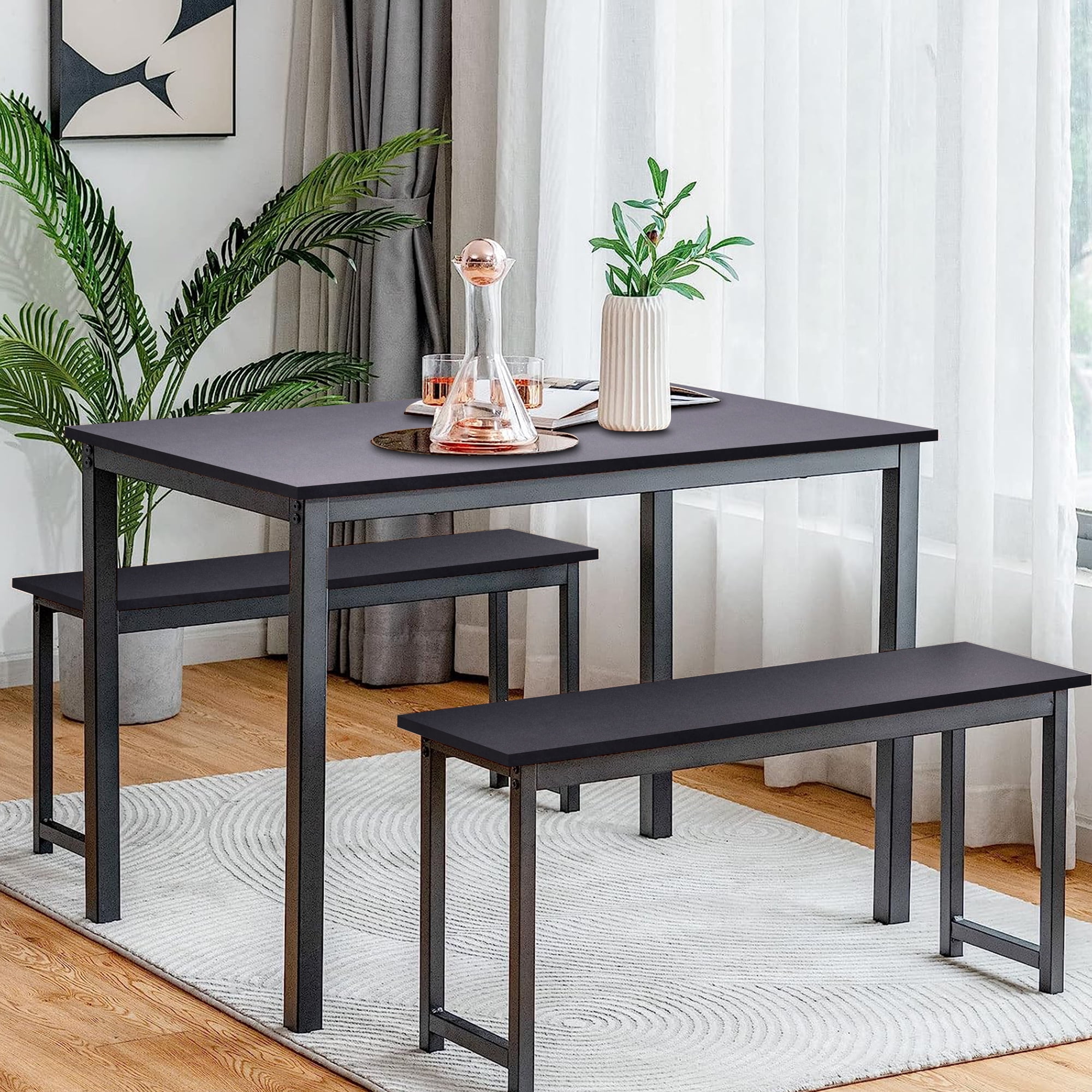 Sesslife 3 Piece Black Dining Set, Modern Kitchen Table and 2 Benches ...