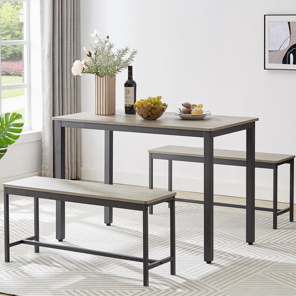Sesslife 3 Pieces Dining Table Set, Kitchen Table and Chairs for 4, Kitchen Table Set with 2 Benches & Metal Frame for Kitchen, Small Space