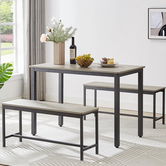 Sesslife 3 Pieces Dining Table Set, Kitchen Table and Chairs for 4, Kitchen Table Set with 2 Benches & Metal Frame for Kitchen, Small Space