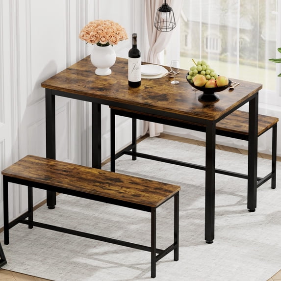 Sesslife 3 Pieces Dining Table Set, Kitchen Table and Chairs for 4, Kitchen Table Set with 2 Benches & Metal Frame for Kitchen, Small Space