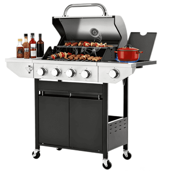 Sesslife 4 Burner Propane Gas Grill, 46,550 BTU Outdoor BBQ Grill with Side Burner, Stainless Steel Cooking Grill with Shelves and Gas Tank Hook, Fits for Patio, Garden Barbecue Grill, Black