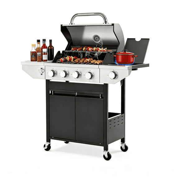 Sesslife 4 Burner Propane Gas Grill, 46,550 BTU Outdoor BBQ Grill with Side Burner, Stainless Steel Cooking Grill with Shelves and Gas Tank Hook, Fits for Patio, Garden Barbecue Grill, Black