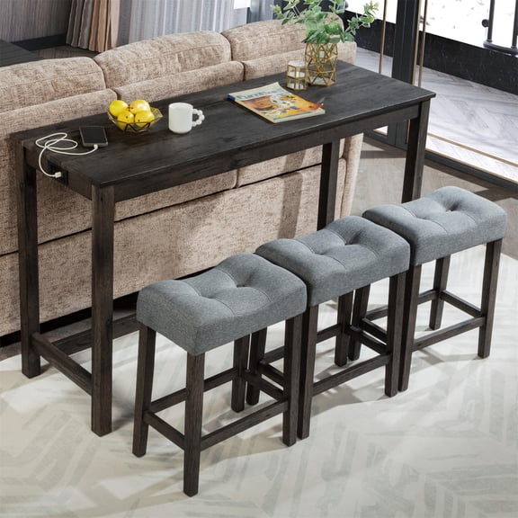 SESSLIFE 4 Piece Bar Table Set with Power Outlet, Counter Height Pub Table with Padded Stools, Behind the Couch Table Set for Living Room,Dining room, Dark Gray