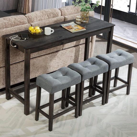 SESSLIFE 4 Piece Bar Table Set with Power Outlet, Counter Height Pub Table with Padded Stools, Behind the Couch Table Set for Living Room,Dining room, Dark Gray