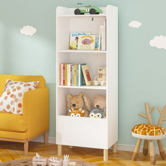 Sesslife 4-Tier Kids Bookshelf for Kids Room, Wooden Kids Toy Storage Organizer, Multi-functional Cute Nursery Book Shelves and Toy Storage with Display Stand for Boys Girls, White
