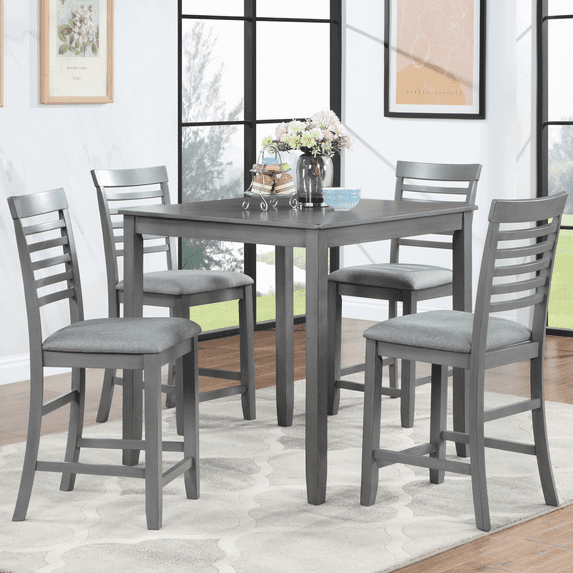 SESSLIFE 5 Piece Counter Height Dining Room Set, Includes Table & 4 Upholstered Chairs, Gray