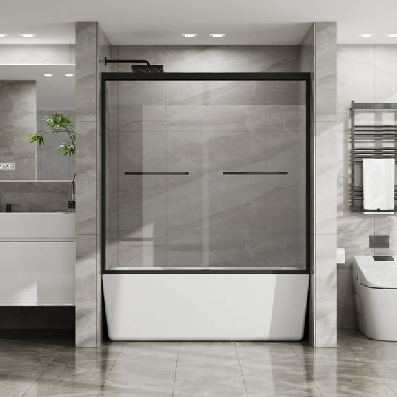Sesslife 56-60" W x 58" H Double Sliding Shower Door, Modern Bathtub Door with Clear SGCC Tempered Glass and Stainless Steel Long Handles, Waterproof Tub Door with Stainless Steel Frame, Matte Black