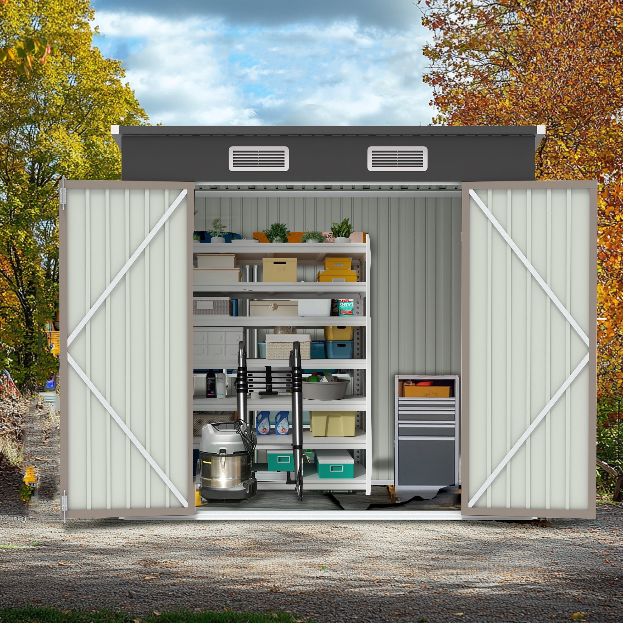 Sesslife 6' x 4' Outdoor Storage Shed, Patio Galvanized Steel Metal Shed with Sliding Doors, Garden Shed with Vents for Tools, Lawn Mover, Bike, Brown