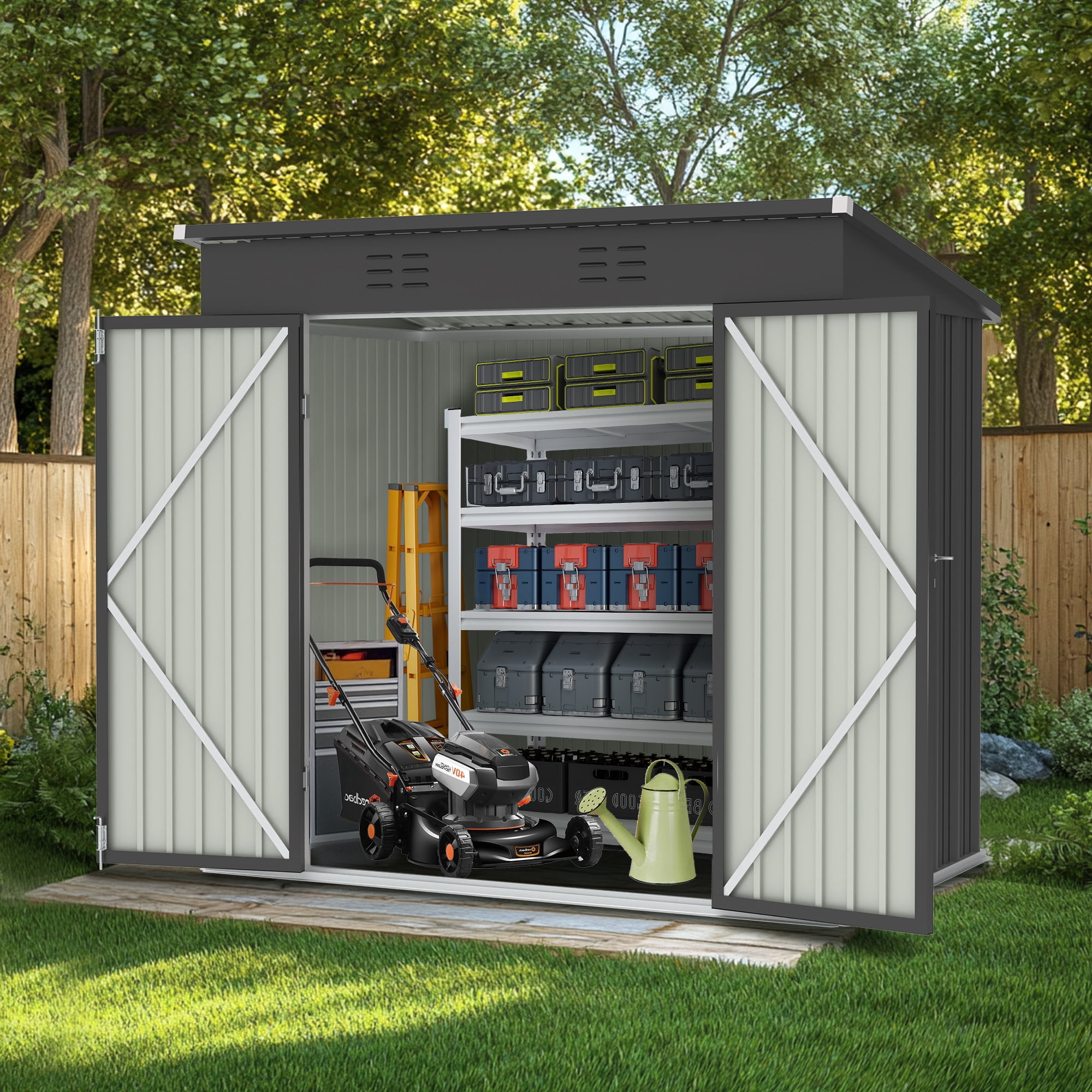 Sesslife 6' x 4' Outdoor Storage Shed, Patio Galvanized Steel Metal Shed with Sliding Doors, Garden Shed with Vents for Tools, Lawn Mover, Bike, Black