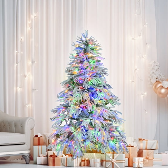 Sesslife 6FT Christmas Tree with Sturdy Metal Stand for Holiday Decor, Artificial Pre-Lit Christmas Tree with 790 Lush Snow Branch Tips and 300 Multi-Color LED Lights, 8 Flashing Modes, Green