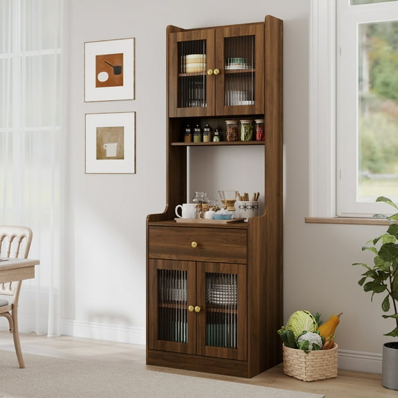 Sesslife 70.8 Pantry Cabinet with 4 Doors and 1 Drawer, Farmhouse Buffet Storage Cabinet with Spacious Open Compartment, Freestanding Cupboard Floor Cabinet for Kitchen Dining Room, Walnut