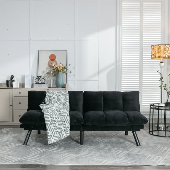 Sesslife 71" Velvet Futon Sofa Bed with Adjustable Armrests, Convertible Futon Couch, Sectional Couches for Living Room, Bedroom, Apart, Office, 3-Level Adjustable Backrest(Black)