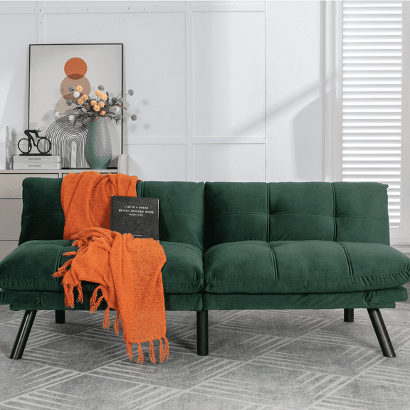 Sesslife 71" Velvet Futon Sofa Bed with Adjustable Armrests, Convertible Futon Couch, Sectional Couches for Living Room, Bedroom, Apart, Office, 3-Level Adjustable Backrest(Green)