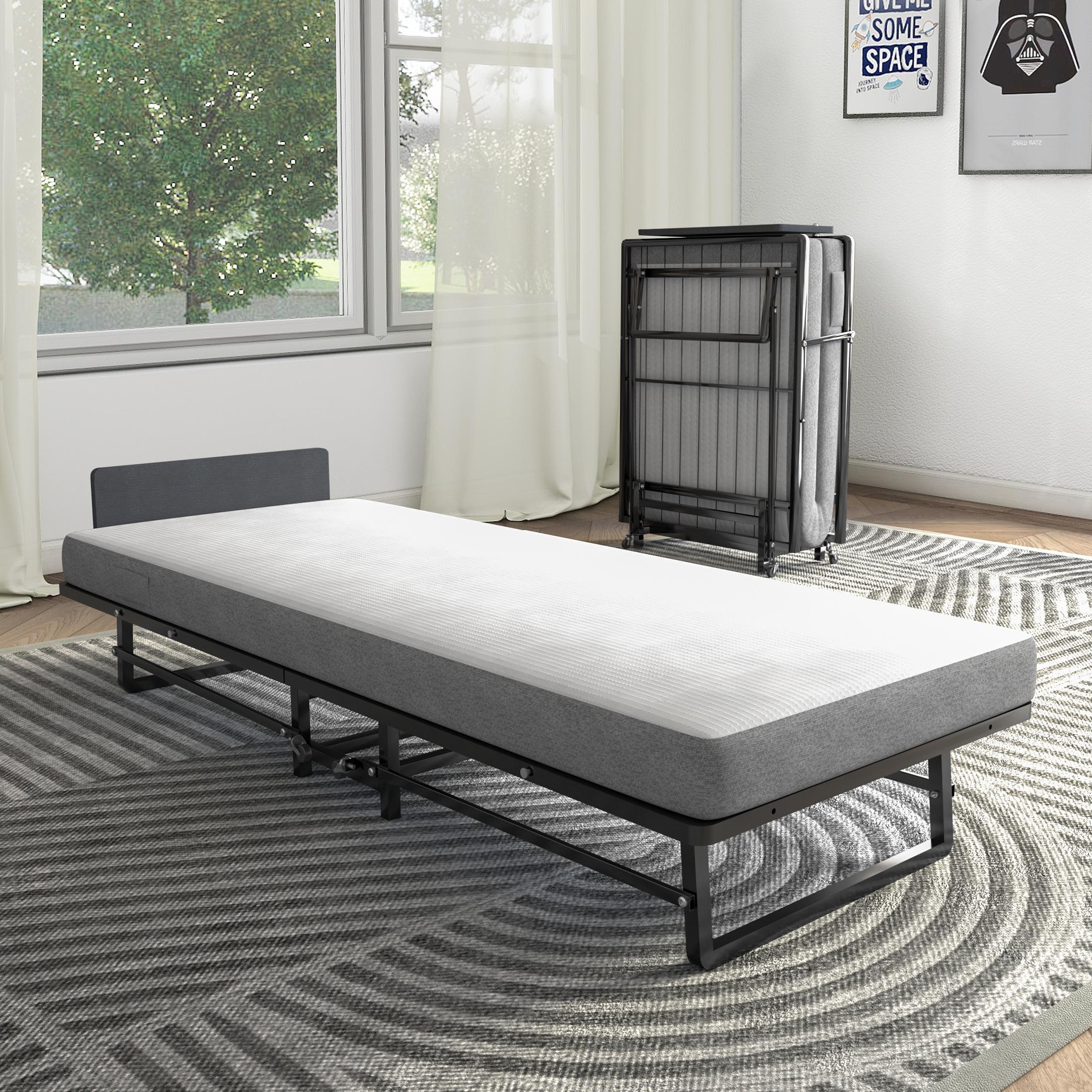 Folding Rollaway Guest Bed With Memory Foam Mattress – Metal Frame – Black/Beige – GYM05854