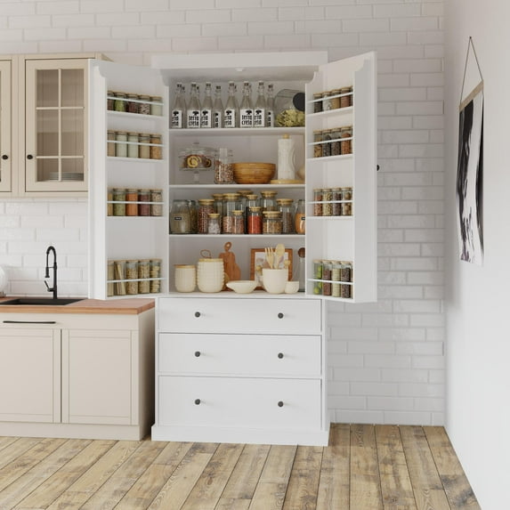 Sesslife 77" Kitchen Pantry Cabinet with 2 Doors and 3 Drawers, Farmhouse Storage Cabinet with Door Shelves, Modern Wood Coffee Hutch for Dining Room, Entryway, Kitchen, Anti-tipping Devices, White
