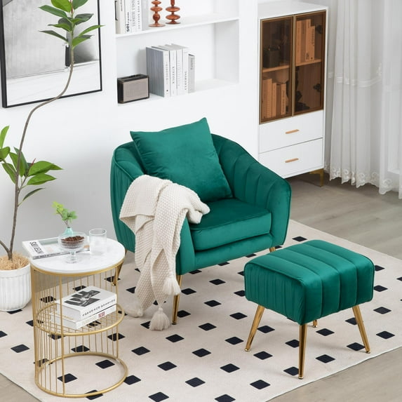 Sesslife Accent Chair with Ottoman and Pillow, Upholstered Modern Comfy Chair, Upholstered Leisure Chairs with Wood Legs for Bedroom Living Room, Green