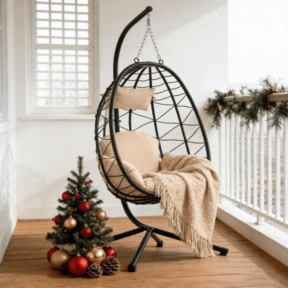 Sesslife Adult Steel Egg Hanging Chair with Soft Cushion and Pillow, Black