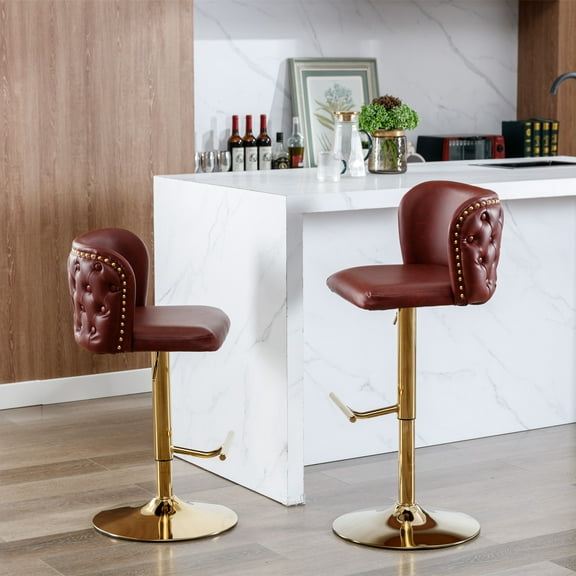 Sesslife Bar Stools with Back Set of 2, 360° Swivel Upholstered PU Leather High Barstool with Back Tufted and Nail Trim, Adjustable Seat Height, Counter Height Bar Chairs for Kitchen Island, Burgundy